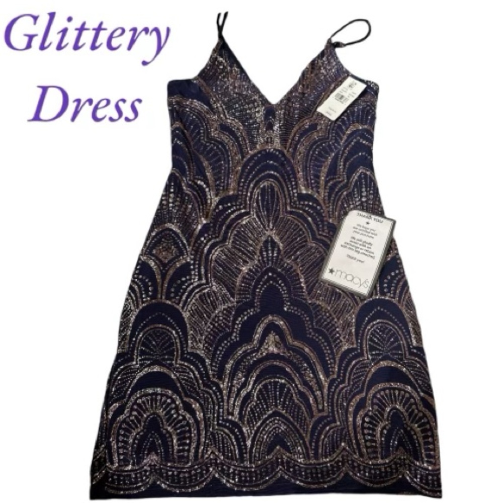 Beautiful, stunning, navy blue cocktail dress with rose gold glitter